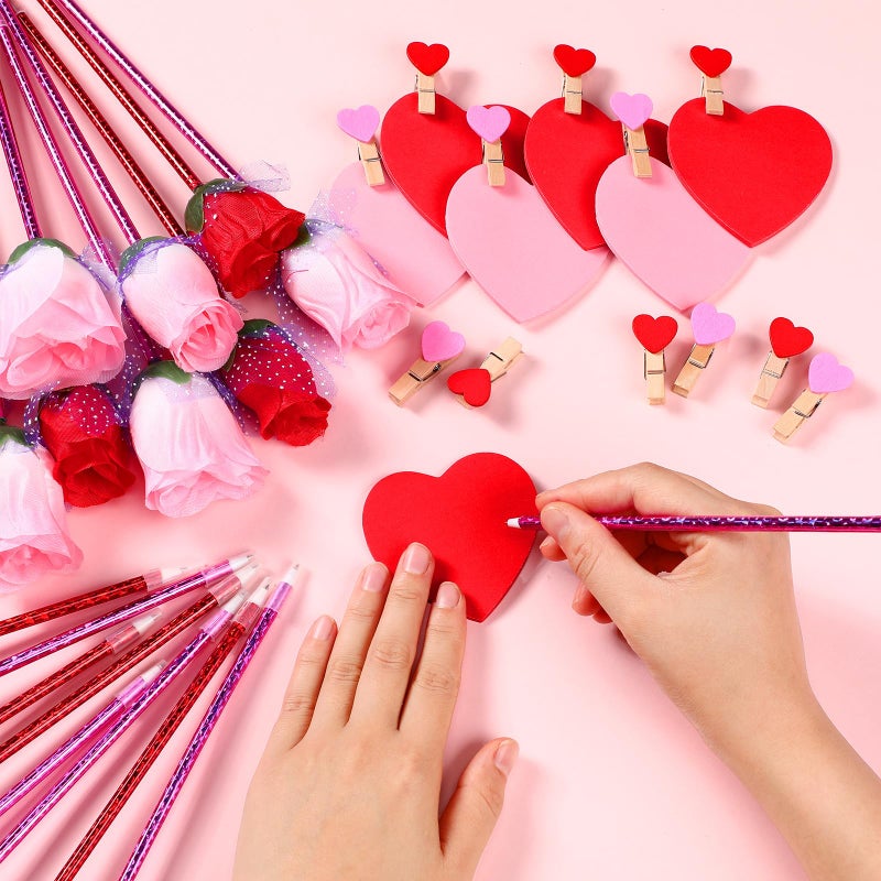 Yexiya 120 Sets Valentine's Day Flower Rose Pen Bulk Gifts with Sticky Notes Heart Clips Goodie Bags for Women Teacher Cowork Nurse Office Gift (Red and Pink) - Image 4