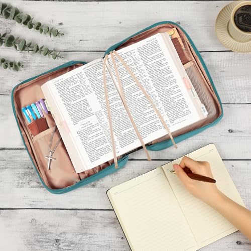 FINDCOZY غطاء الكتاب المقدس FINDCOZY للنساء، حقيبة كنيسة متينة لحمل الكتب مع مقبض وجيب بسحاب، لملحقات الكتاب المقدس، تركواز - Image 5