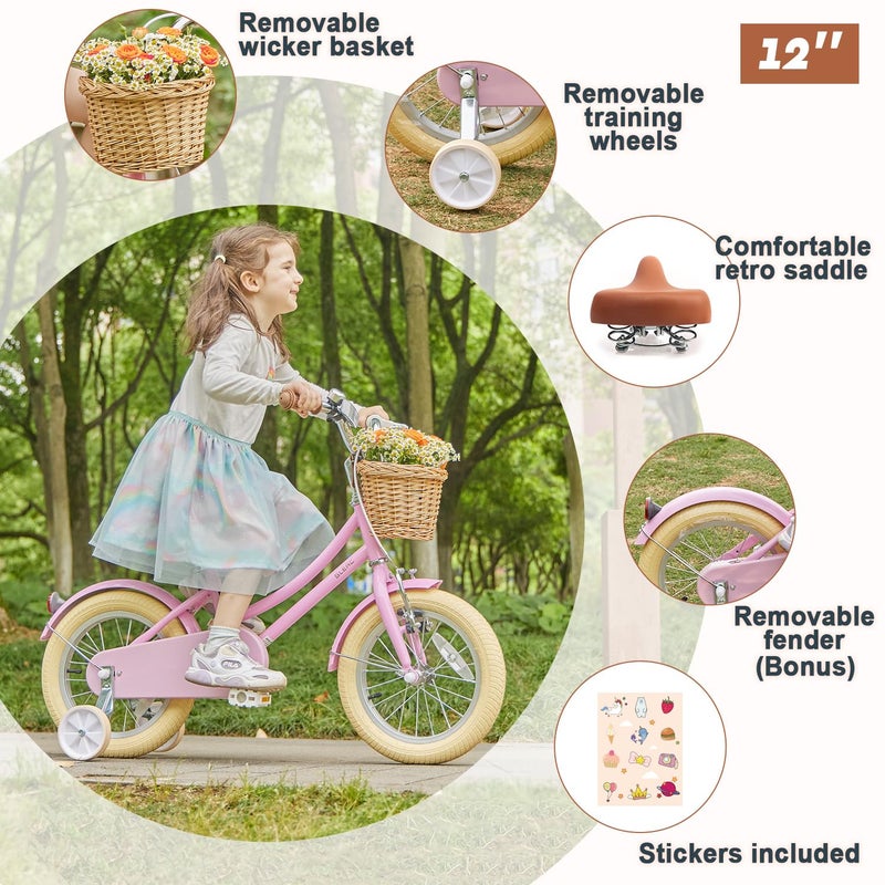Glerc â€ŽLittle Molly 12 Inch Kids Bike, Retro Cruiser Girls Bicycle for Children Ages 2-4 Years Old, Toddler Bike with Wicker Basket & Training Wheels, Pink - Image 2
