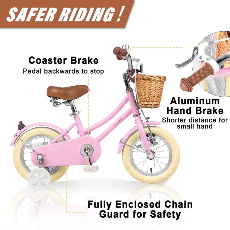 Glerc â€ŽLittle Molly 12 Inch Kids Bike, Retro Cruiser Girls Bicycle for Children Ages 2-4 Years Old, Toddler Bike with Wicker Basket & Training Wheels, Pink - Image 3