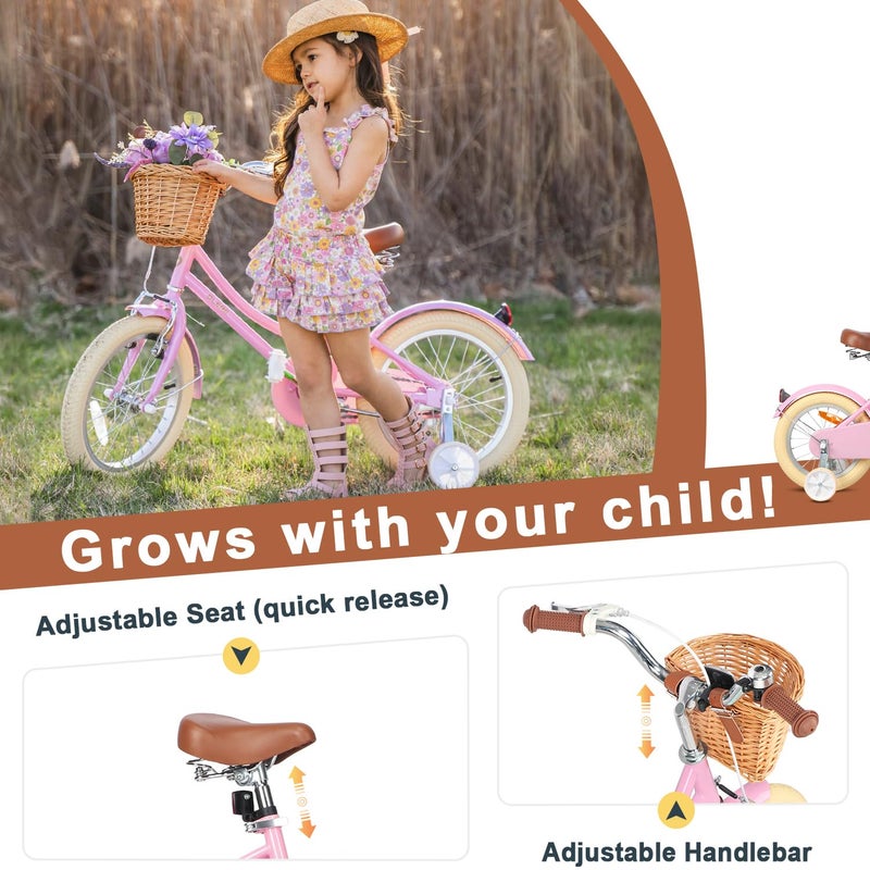 Glerc â€ŽLittle Molly 12 Inch Kids Bike, Retro Cruiser Girls Bicycle for Children Ages 2-4 Years Old, Toddler Bike with Wicker Basket & Training Wheels, Pink - Image 4