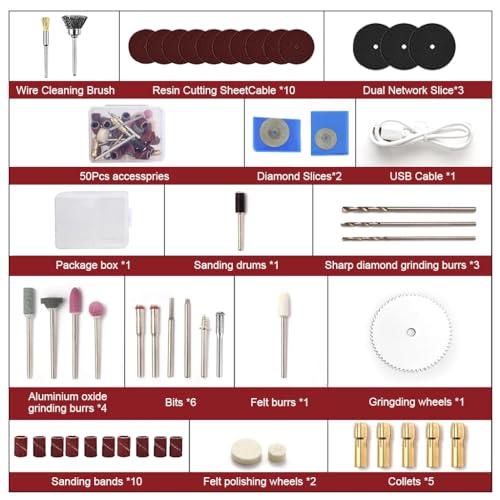Verilux 50Pcs USB Rechargeable Rotary Tool Kit, 3.7V Cordless Mini Drill Machine with LED Light, 5-Speed Adjustable Motor for DIY Engraving, Polishing & Soft Material Drilling, for Home Crafting, Red - Image 2