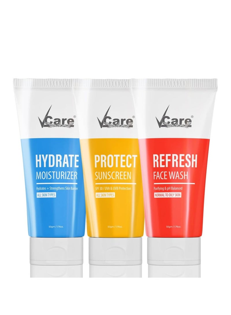 Vcare 3 In 1 Refresh .Face Wash 50G Moisturizer 50G SPF Protect Sunscreen 50G for Normal to Oily Skin Facial Kit - Image 1