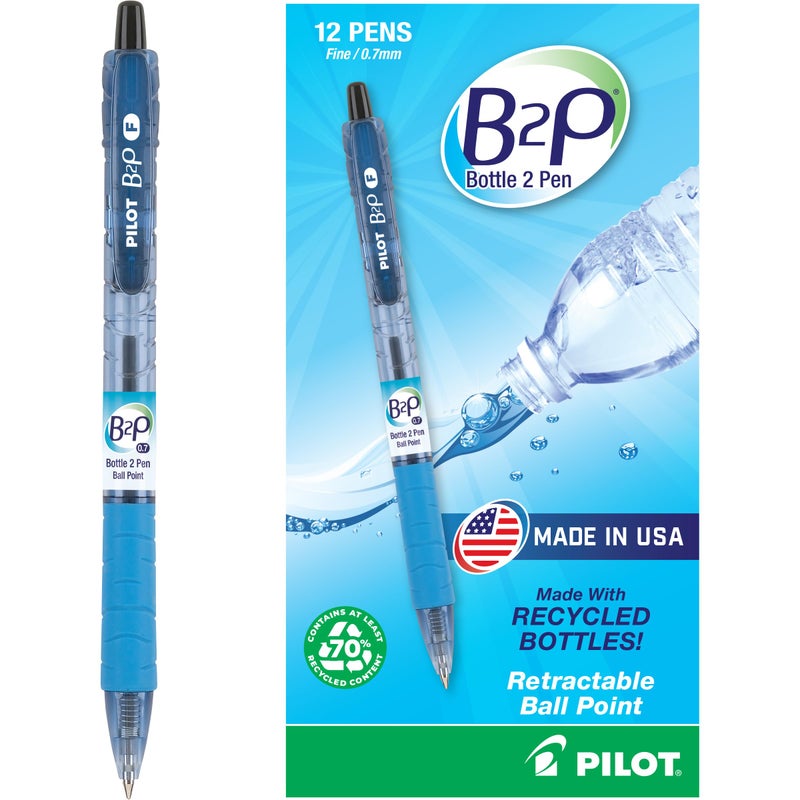 PILOT B2P - Bottle to Pen Refillable & Retractable Ball Point Pen Made From Recycled Bottles, Fine Point, Black Ink, 12-Pack (32600) - Image 1