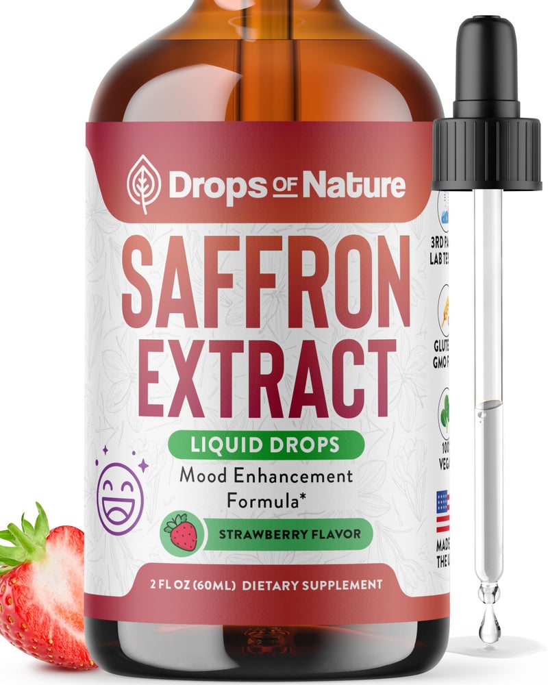 Drops of Nature Saffron Extract Liquid Drops Vegan NonGMO Faster Absorption than Gummies Pills Easy Mix with Tea Drinks Premium Saffron Supplements for Antioxidant Emotional Balance Strawberry 60mL