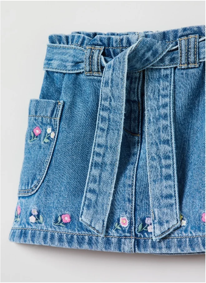 او في اس Denim skirt with belt and embroidery