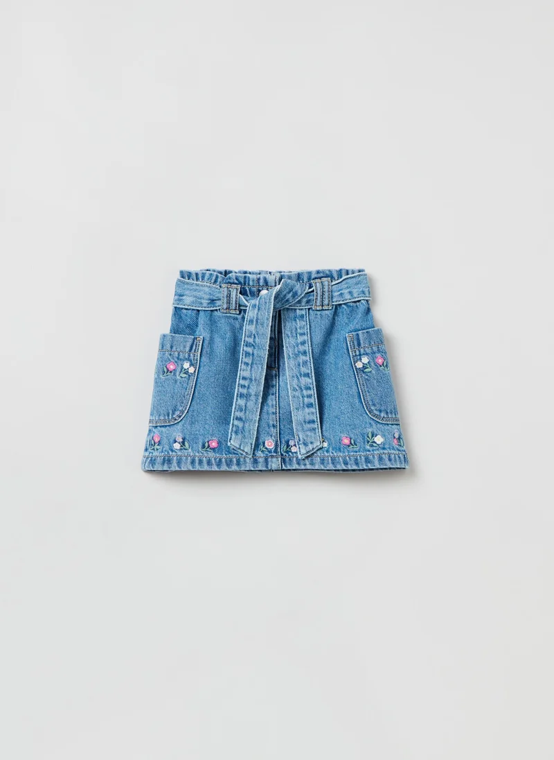 او في اس Denim skirt with belt and embroidery