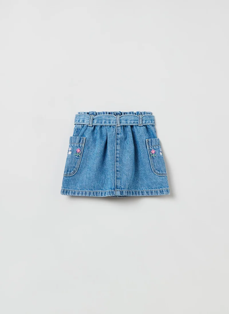 Ovs Denim skirt with belt and embroidery