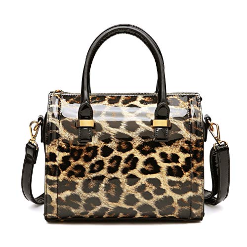 DASEIN Shiny Patent Faux Leather Handbags Barrel Top Handle Purse Satchel Bag Shoulder Bag for Women(Leopard) - Image 1