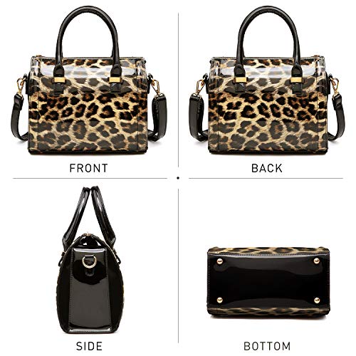 DASEIN Shiny Patent Faux Leather Handbags Barrel Top Handle Purse Satchel Bag Shoulder Bag for Women(Leopard) - Image 3