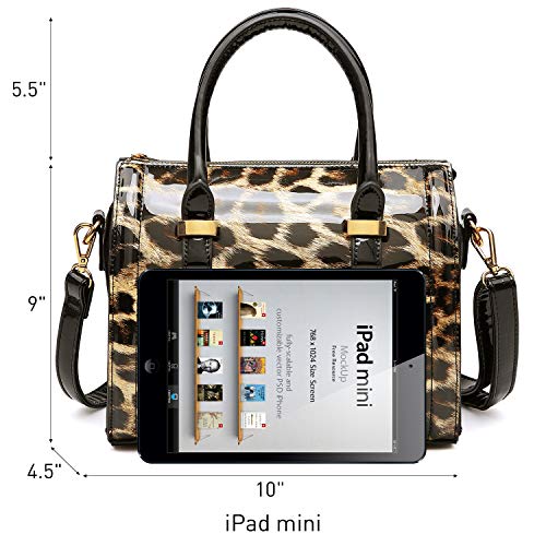DASEIN Shiny Patent Faux Leather Handbags Barrel Top Handle Purse Satchel Bag Shoulder Bag for Women(Leopard) - Image 4
