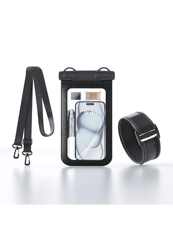 Waterproof Phone Arm Bag, IPX8 Certified 30M Underwater Mobile Phone Dry Case/Pouch with Adjustable Lanyard and Detachable Armband fit for Cellphone Up to 7.2", D012-2 (Black) - Image 1