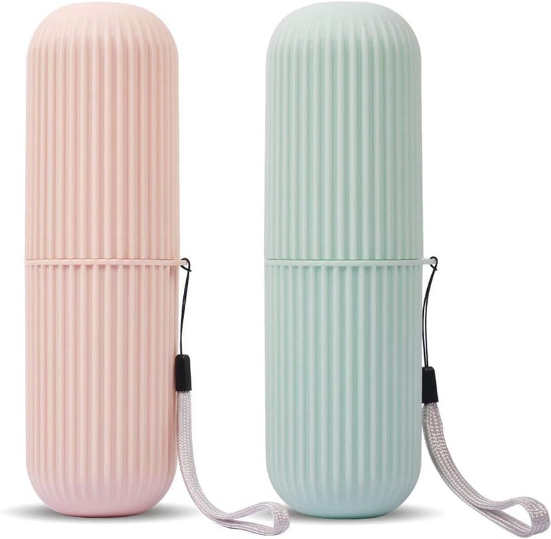 UCEC Travel Toothbrush Case and Carrier, 2 Pack Portable Business Trips Wash Cup Holder Organizer for Trips and Daily Use (Green+Pink) (Green+Pink) - Image 1