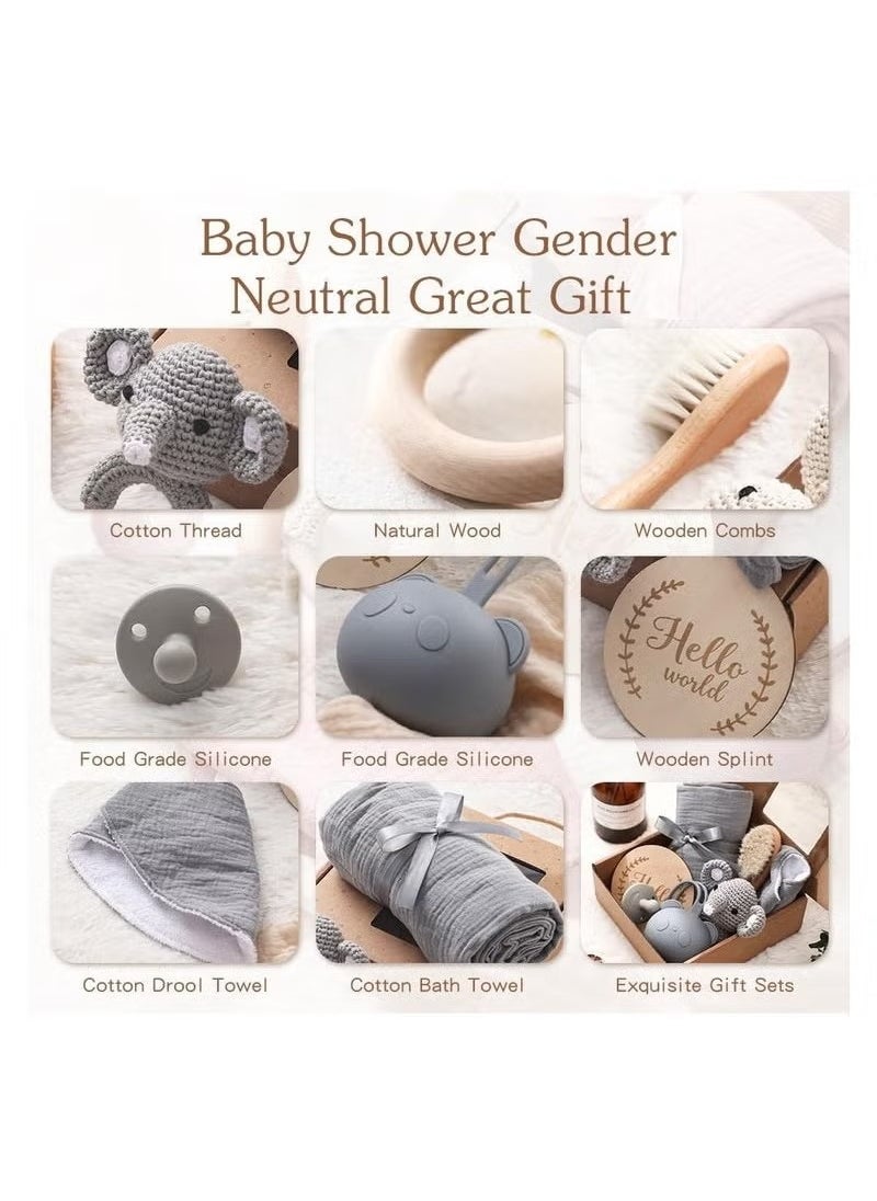 Gonice New Born Baby Gift Baskets Baby Boy Shower Gifts Set,Newborn Essentials Stuffers Baby Bath Set with Muslin Blanket, Drool Towel, Wood Brush & Rattle,Welcome Baby Gift Basket Loveys Box for Babies,Moms  - Image 4