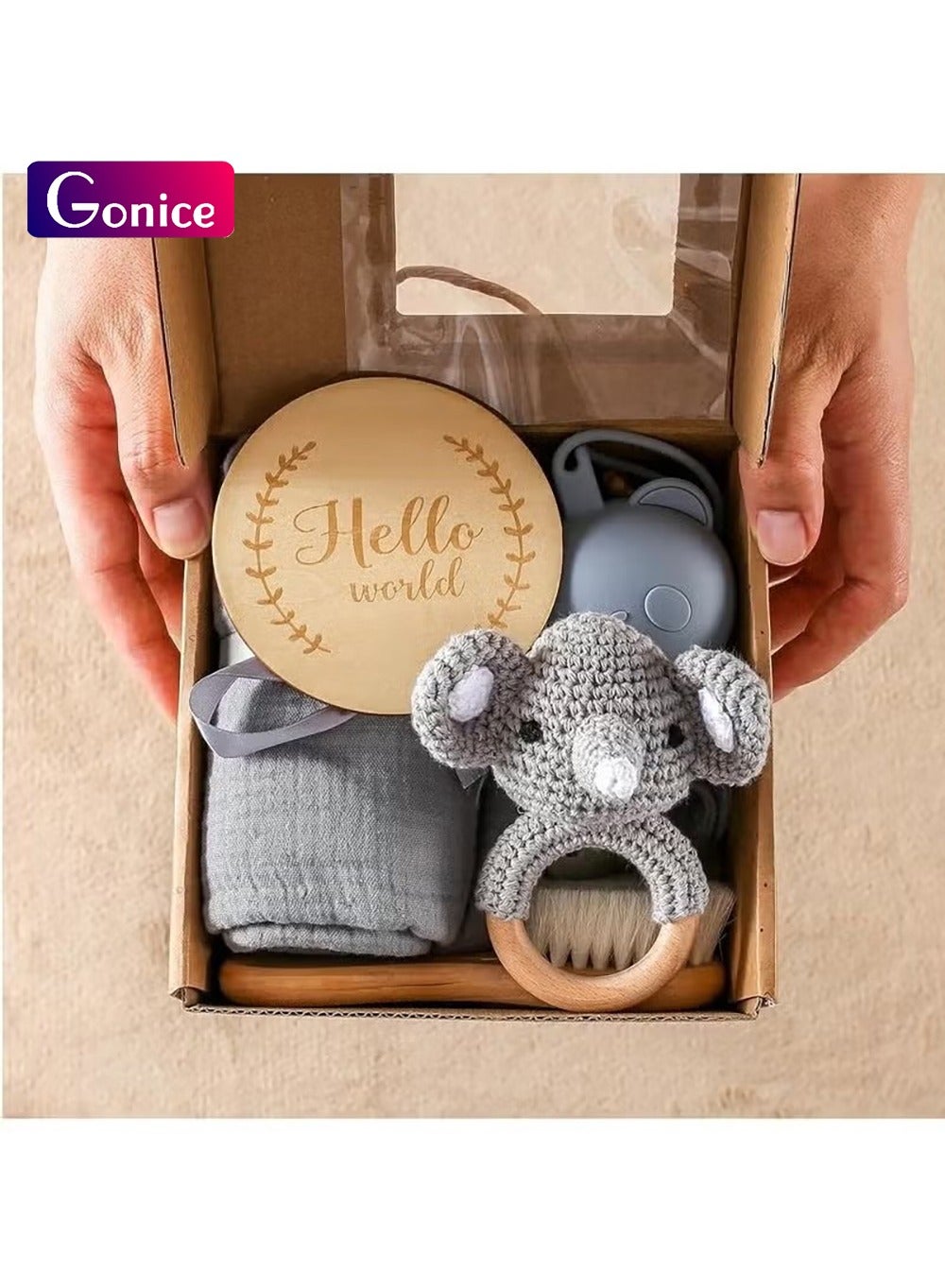 Gonice New Born Baby Gift Baskets Baby Boy Shower Gifts Set,Newborn Essentials Stuffers Baby Bath Set with Muslin Blanket, Drool Towel, Wood Brush & Rattle,Welcome Baby Gift Basket Loveys Box for Babi