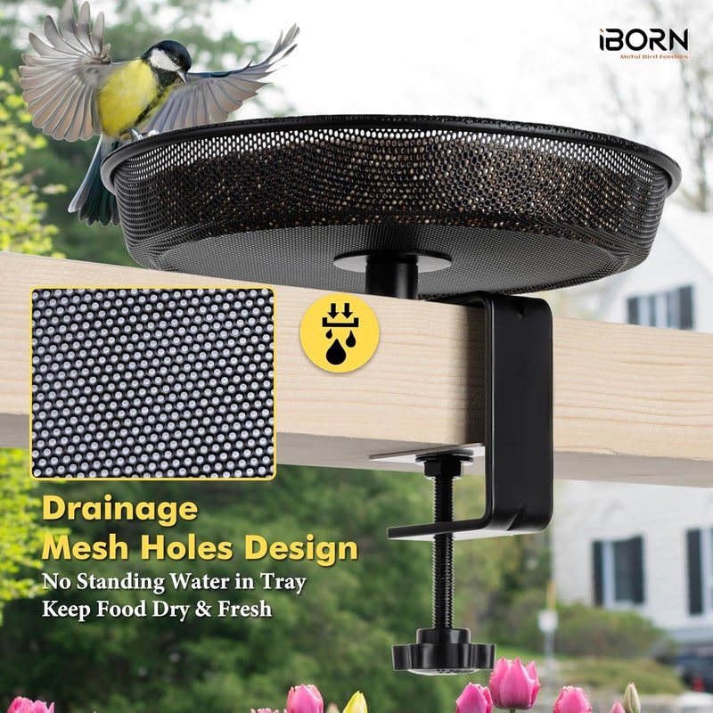 iBorn Deck Bird Feeders for Outdoors,Platform Bird Seed Tray with 5.5 lbs Capacity,Balcony Porch Railing Bird Feeder, Drainage Mesh Holes,Tilt-Proof, Windproof, Anti-Loosen, Easy to Refill&Clean,Black - Image 4