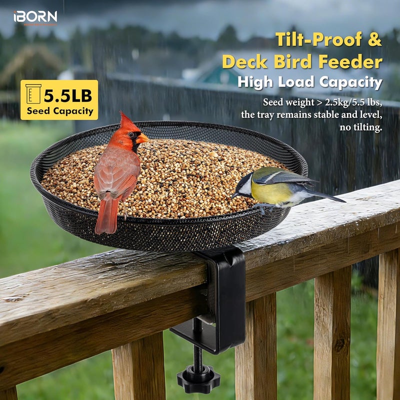 iBorn Deck Bird Feeders for Outdoors,Platform Bird Seed Tray with 5.5 lbs Capacity,Balcony Porch Railing Bird Feeder, Drainage Mesh Holes,Tilt-Proof, Windproof, Anti-Loosen, Easy to Refill&Clean,Black - Image 2