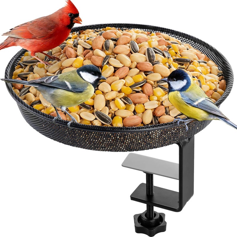iBorn Deck Bird Feeders for Outdoors,Platform Bird Seed Tray with 5.5 lbs Capacity,Balcony Porch Railing Bird Feeder, Drainage Mesh Holes,Tilt-Proof, Windproof, Anti-Loosen, Easy to Refill&Clean,Black - Image 1