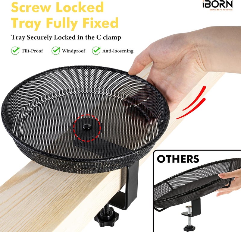 iBorn Deck Bird Feeders for Outdoors,Platform Bird Seed Tray with 5.5 lbs Capacity,Balcony Porch Railing Bird Feeder, Drainage Mesh Holes,Tilt-Proof, Windproof, Anti-Loosen, Easy to Refill&Clean,Black - Image 3