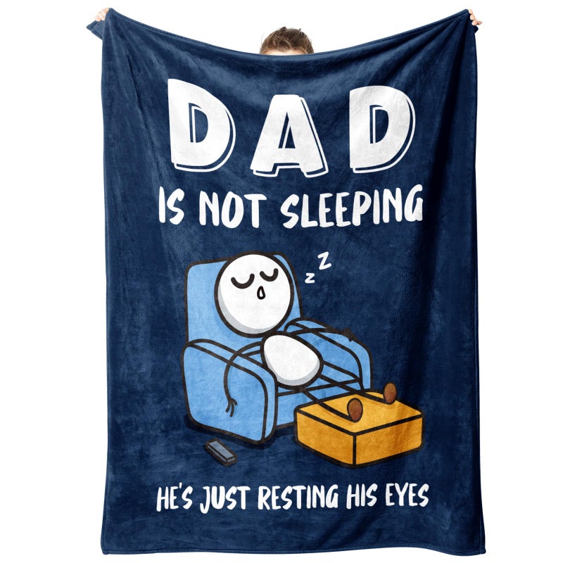 GoMelley Funny Birthday Gifts for Dad Husband, Dad is Not Sleeping Blanket, Dads Gifts from Daughter Son, Super Soft Throws Blanket for Couch and Napping, 60" x 50" (Blue) - Image 1