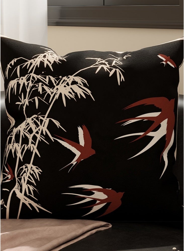 45 × 45 سم، قطعتان من أغطية الوسائد المخملية، غطاء وسادة مربع جديد على الطراز الصيني، أغطية وسائد ناعمة، أغطية وسائد ريفية للديكور المنزلي للأريكة والسيارة وغرفة النوم والديكور الداخلي بنمط السنونو والخيزران (أسود وبيج) - Image 5