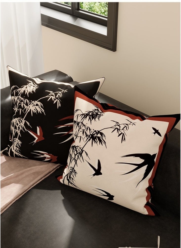 45 × 45 سم، قطعتان من أغطية الوسائد المخملية، غطاء وسادة مربع جديد على الطراز الصيني، أغطية وسائد ناعمة، أغطية وسائد ريفية للديكور المنزلي للأريكة والسيارة وغرفة النوم والديكور الداخلي بنمط السنونو والخيزران (أسود وبيج) - Image 1