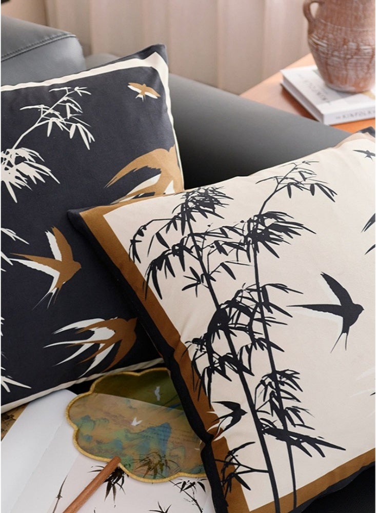 45 × 45 سم، قطعتان من أغطية الوسائد المخملية، غطاء وسادة مربع جديد على الطراز الصيني، أغطية وسائد ناعمة، أغطية وسائد ريفية للديكور المنزلي للأريكة والسيارة وغرفة النوم والديكور الداخلي بنمط السنونو والخيزران (أسود وبيج) - Image 2