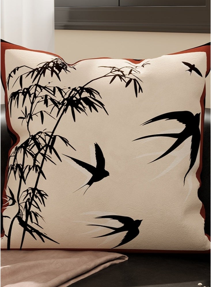 45 × 45 سم، قطعتان من أغطية الوسائد المخملية، غطاء وسادة مربع جديد على الطراز الصيني، أغطية وسائد ناعمة، أغطية وسائد ريفية للديكور المنزلي للأريكة والسيارة وغرفة النوم والديكور الداخلي بنمط السنونو والخيزران (أسود وبيج) - Image 4