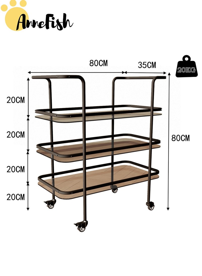 AnneFish 3 Tier Glass Rolling Serving Trolley Home Bar Serving Cart with Wheels and Storage Shelves Beverage Cart with Protective Rails for Kitchen Dining Living Room - Image 4