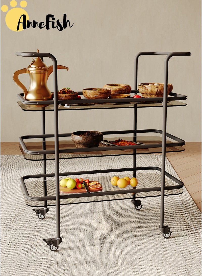 AnneFish 3 Tier Glass Rolling Serving Trolley Home Bar Serving Cart with Wheels and Storage Shelves Beverage Cart with Protective Rails for Kitchen Dining Living Room - Image 1
