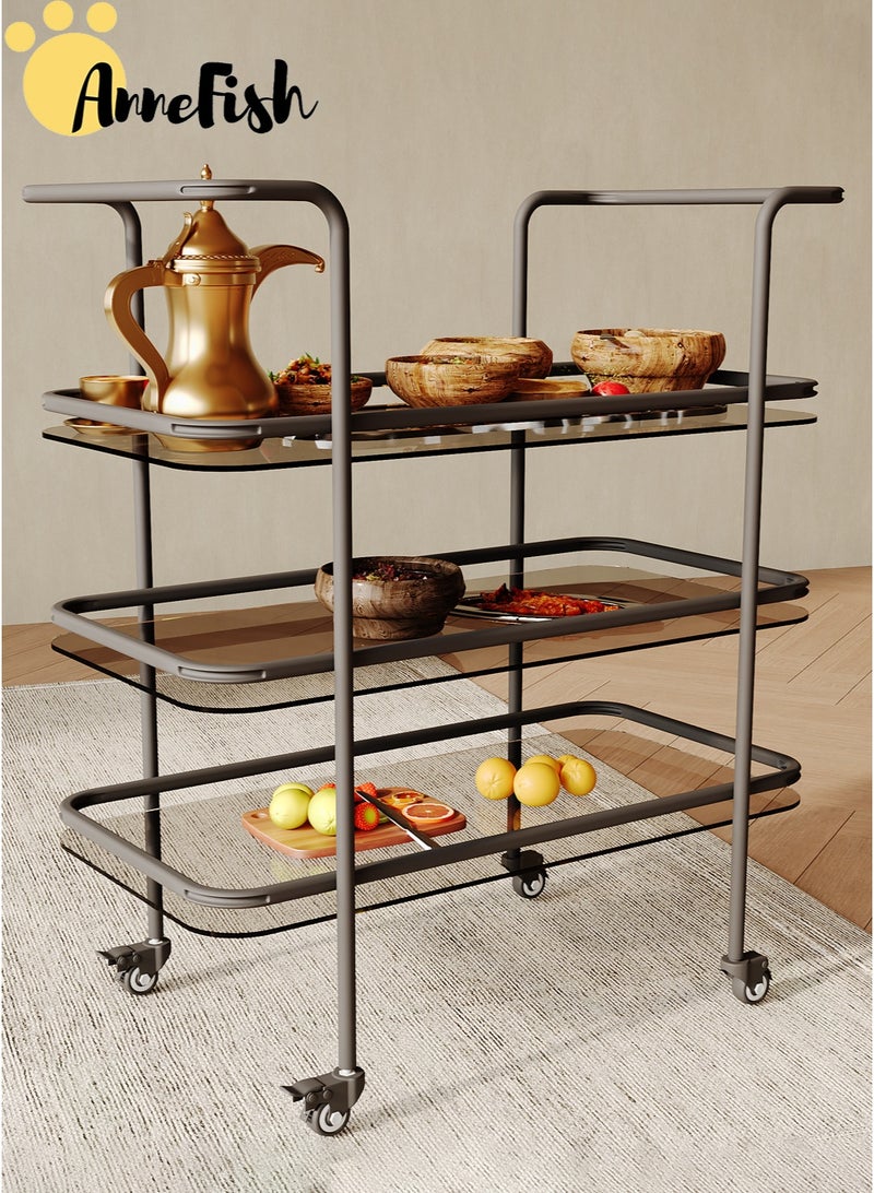 AnneFish 3 Tier Glass Rolling Serving Trolley Home Bar Serving Cart with Wheels and Storage Shelves Beverage Cart with Protective Rails for Kitchen Dining Living Room - Image 3