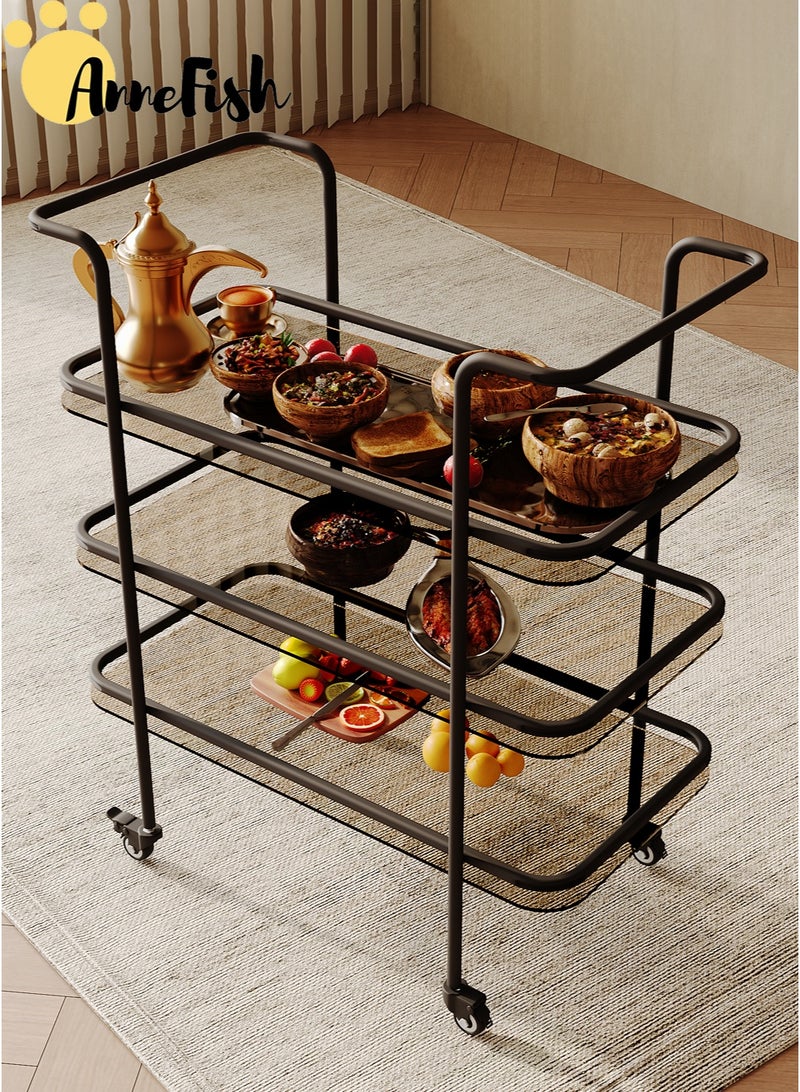 AnneFish 3 Tier Glass Rolling Serving Trolley Home Bar Serving Cart with Wheels and Storage Shelves Beverage Cart with Protective Rails for Kitchen Dining Living Room - Image 2