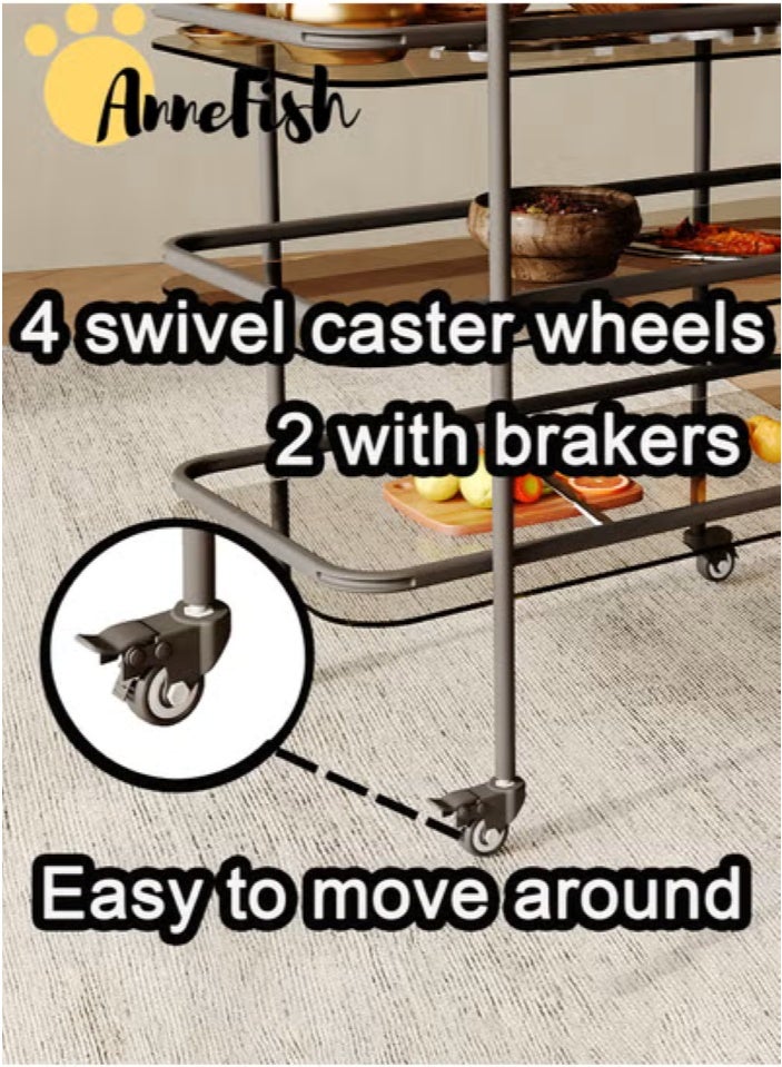 AnneFish 3 Tier Glass Rolling Serving Trolley Home Bar Serving Cart with Wheels and Storage Shelves Beverage Cart with Protective Rails for Kitchen Dining Living Room - Image 5
