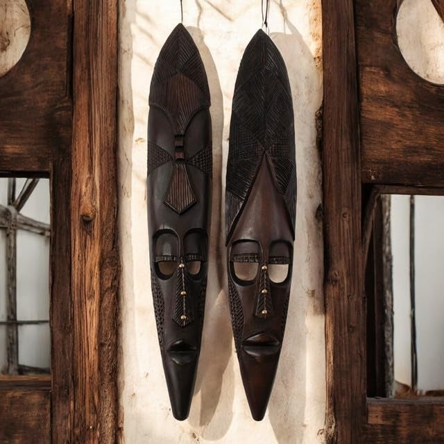 BAGUS HOME DECOR BAGUS HOME DECOR Original HandCarved African Warrior Masks 36Inch Wooden Wall Decor Set of 2 Traditional Handcrafted Design Home Decor Accent for Living Room Office Unique Cultural Art Gift  - Image 2
