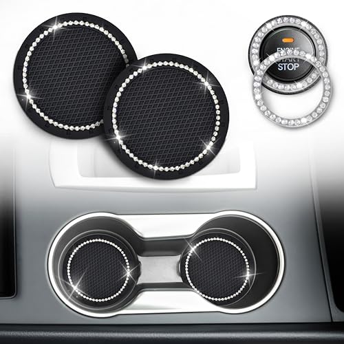 EcoNour Bling Cup Holder Insert 2 Pack with Push Start Button Ring 1 Pack 275 Inch Silicone Coaster Pad and 15 Inch Ring with Elegant Crystal Rhinestone Car Interior Accessories Black - Image 1