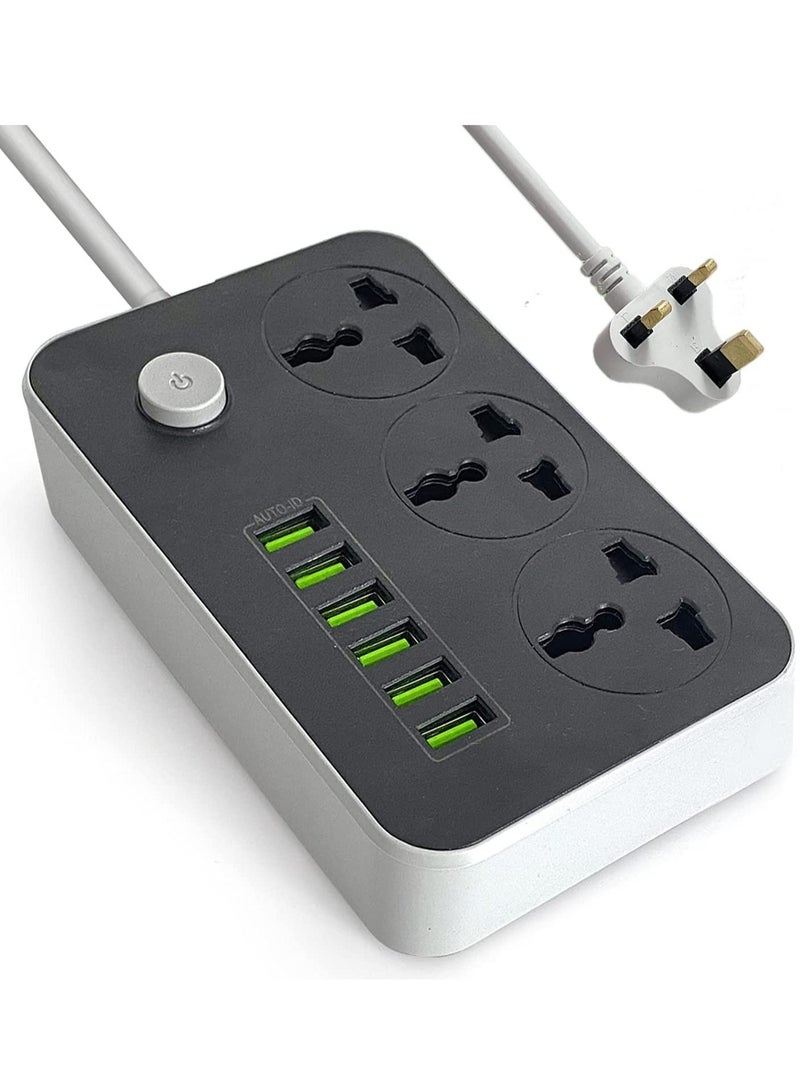 Power Strips Extension Cord 3 Outlets, Power Socket with 6 USB Ports Universal Charging Socket with 2M Bold Extension Cord - Image 1
