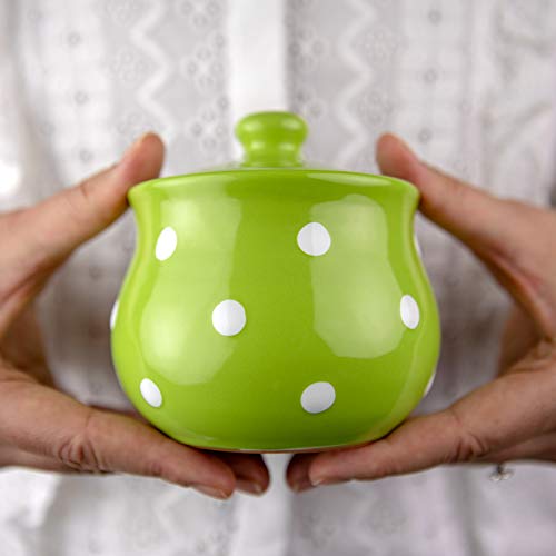 City to Cottage Ceramic Sugar Bowl with Lid, 10oz Sugar Contanier for Coffee Bar, Sugar Dispenser Bowl, Salt - Condiment Pot for Kitchen Counter, Handcrafted Green Polka Dot Sugar Jar - Image 1