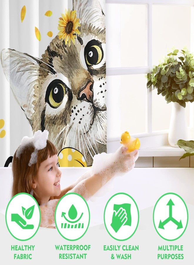 Roszwtit Spring Summer Shower Curtain, Hello Sunshine Cat Shower Curtains for Bathroom, Sunflower Home Decor Waterproof Fabric with Hooks 72x72 Inch - Image 5