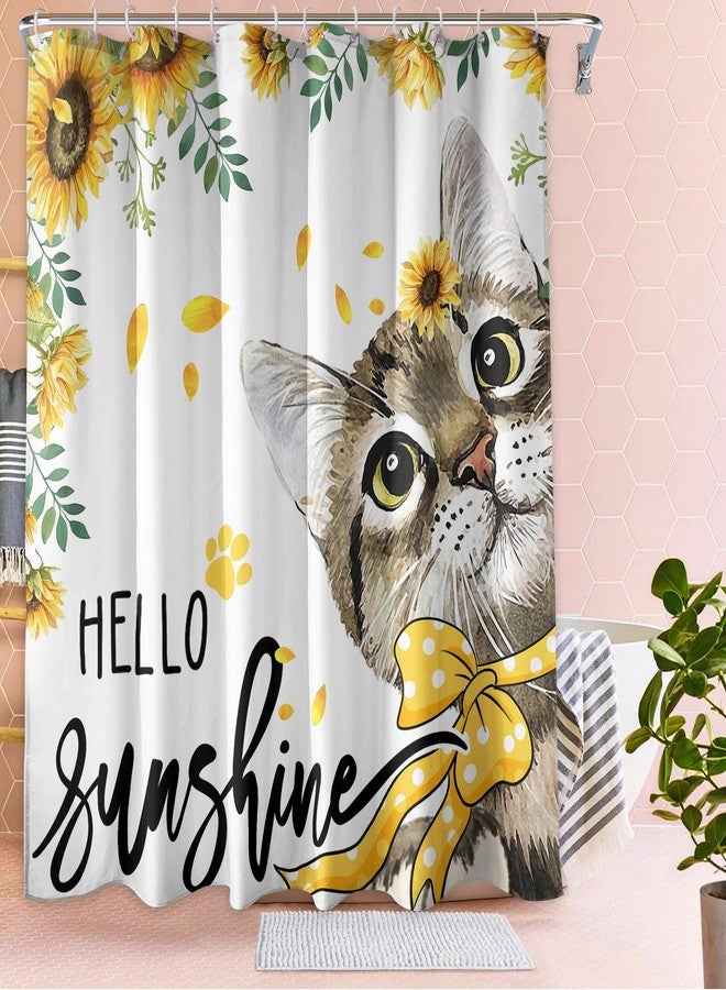 Roszwtit Spring Summer Shower Curtain, Hello Sunshine Cat Shower Curtains for Bathroom, Sunflower Home Decor Waterproof Fabric with Hooks 72x72 Inch - Image 2