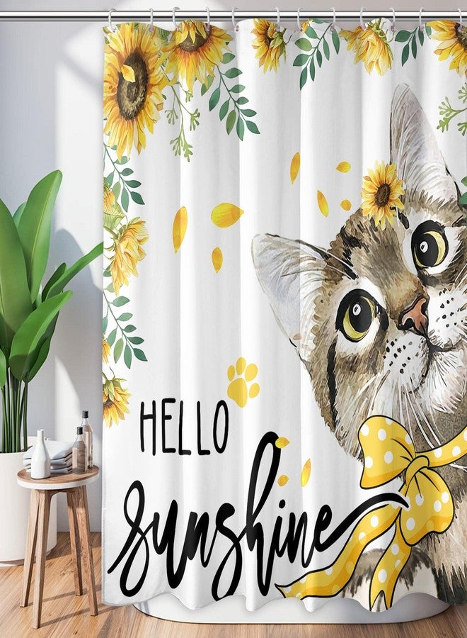 Roszwtit Spring Summer Shower Curtain, Hello Sunshine Cat Shower Curtains for Bathroom, Sunflower Home Decor Waterproof Fabric with Hooks 72x72 Inch - Image 1