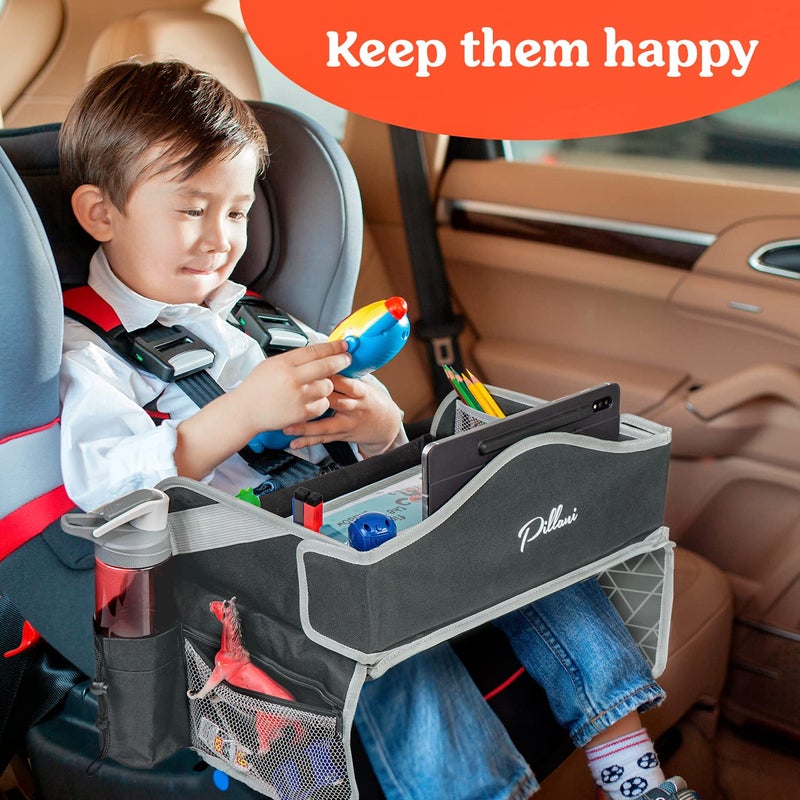 PILLANI Kids Travel Tray for Car - Car Seat Tray for Toddler - Road Trip Essentials Kids w/ iPad Holder Stand, Carseat Table Tray for Kids Road Trip Activities, Toddler Lap Desk Organizer for Airplane - Image 2