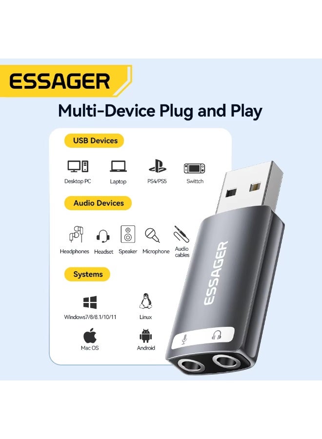 ايساجر بطاقة صوت خارجية صغيرة الحجم من Essager، تعمل بمنفذ USB، محول صوت ستيريو بواجهة 3.5 ملم لأجهزة PS4 وPS5 وSwitch والكمبيوتر المحمول وسماعات الرأس - Image 4