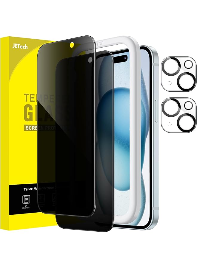 Jetech Privacy Screen Protector For Iphone 15 Plus 6.7 Inch With Camera Lens Protector Anti Spy Tempered Glass Film Easy Installation Tool 2 Pack Each - Image 1