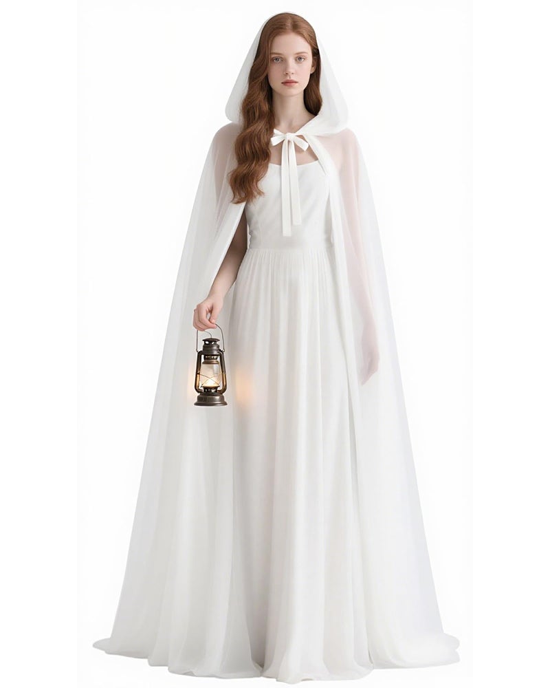 L'VOW White Chiffon Hooded Cloak - Tulle Cape for Wedding Angel & Bride, Halloween Cosplay - Image 1