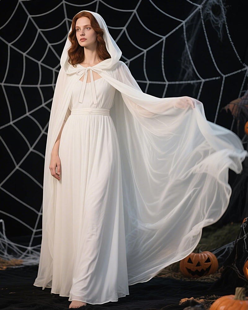 L'VOW White Chiffon Hooded Cloak - Tulle Cape for Wedding Angel & Bride, Halloween Cosplay - Image 2
