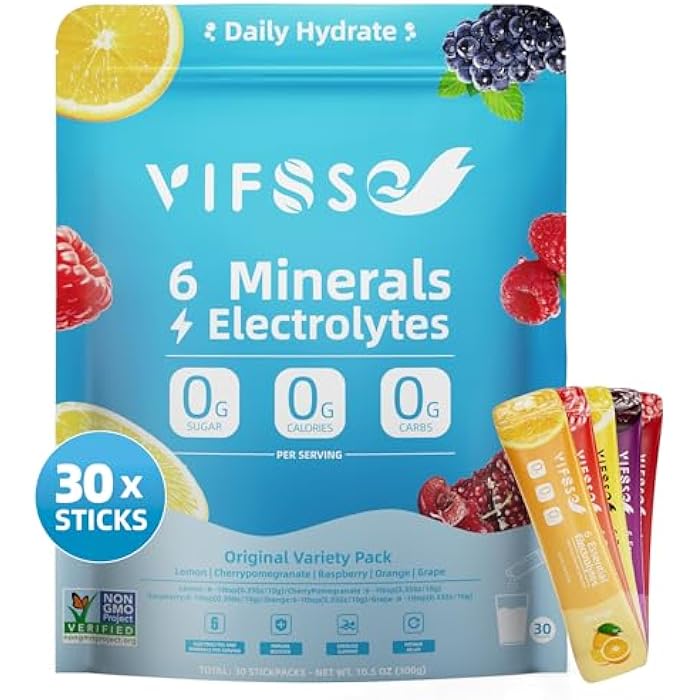 VIFSSG مسحوق مشروب الإلكتروليت - ترطيب سريع مع 6 معادن وإلكتروليتات، 30 عود، عبوات متنوعة خالية من السكر بنكهة الليمون، التوت، الكرز والرمان، البرتقال، العنب، للتمارين واستعادة الطاقة - Image 1
