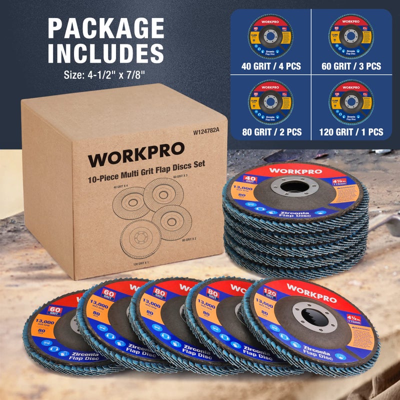 WORKPRO 10-Pack Flap Discs, 4-1/2-inch, Arbor Size 7/8-inch, T29 Zirconia Abrasive Grinding Wheel and Flap Sanding Disc, Includes 40/60/80/120 Grits - Image 2