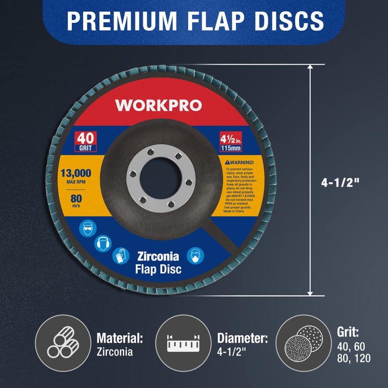 WORKPRO 10-Pack Flap Discs, 4-1/2-inch, Arbor Size 7/8-inch, T29 Zirconia Abrasive Grinding Wheel and Flap Sanding Disc, Includes 40/60/80/120 Grits - Image 5