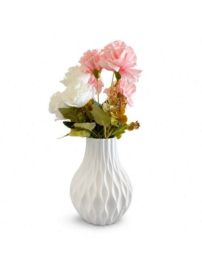 White Textured Vase with Artificial Pink and White Flowers, Home Decor Table Centrepiece - Image 1