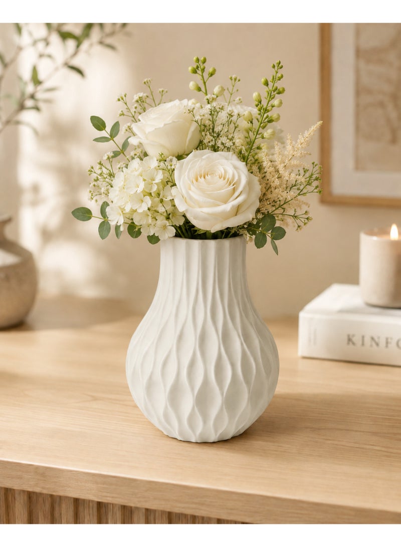 White Textured Vase with Artificial Pink and White Flowers, Home Decor Table Centrepiece - Image 3